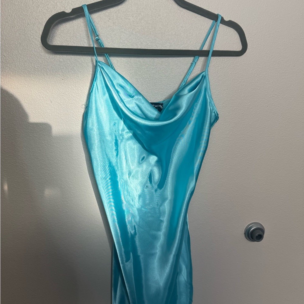 Bebe Blue Satin Chemise with Cowl Neckline